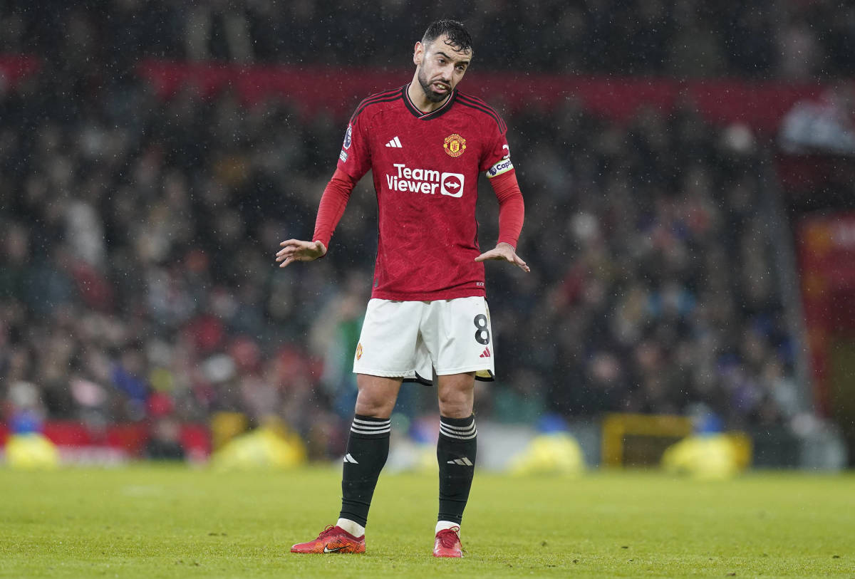 Manchester United captain Bruno Fernandes pictured during his side's 3-0 home loss to Bournemouth in December 2023